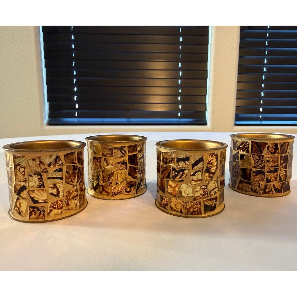 Vintage Gold & Brown Mosaic Tile Napkin Rings - Set of 4